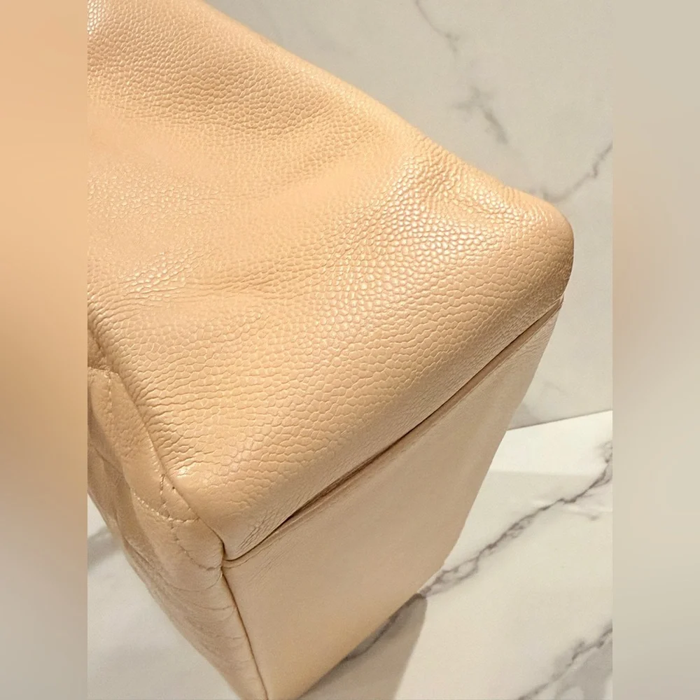 Authentic CHANEL Quilted Caviar GST large Tote in Beige with Gold Hardwar